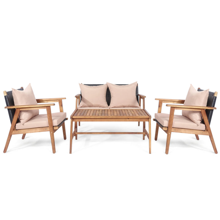 4PCS Outdoor Furniture Set Patio Conversation Set w/ Wood Frame Cushion Image 10