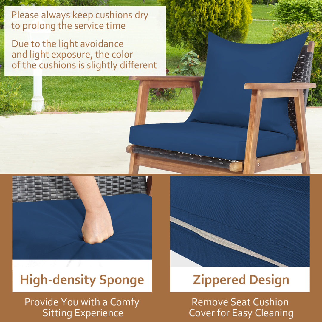 4PCS Patio Conversation Set Wood Frame Furniture Set w/ Navy Cushions Image 7