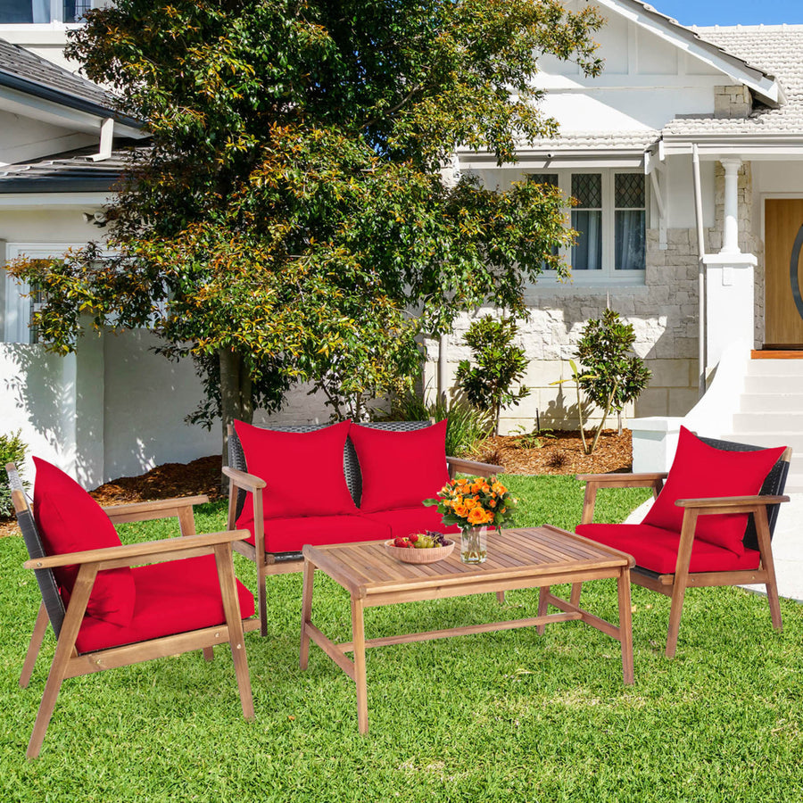 4PCS Patio Conversation Set Wood Frame Furniture Set w/ Red Cushions Image 1