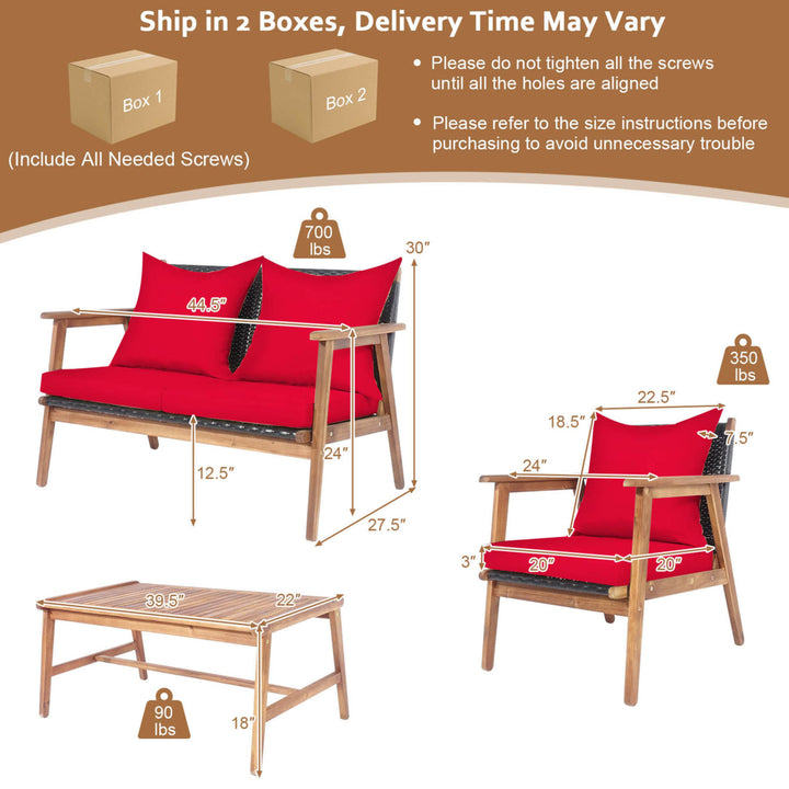 4PCS Patio Conversation Set Wood Frame Furniture Set w/ Red Cushions Image 3