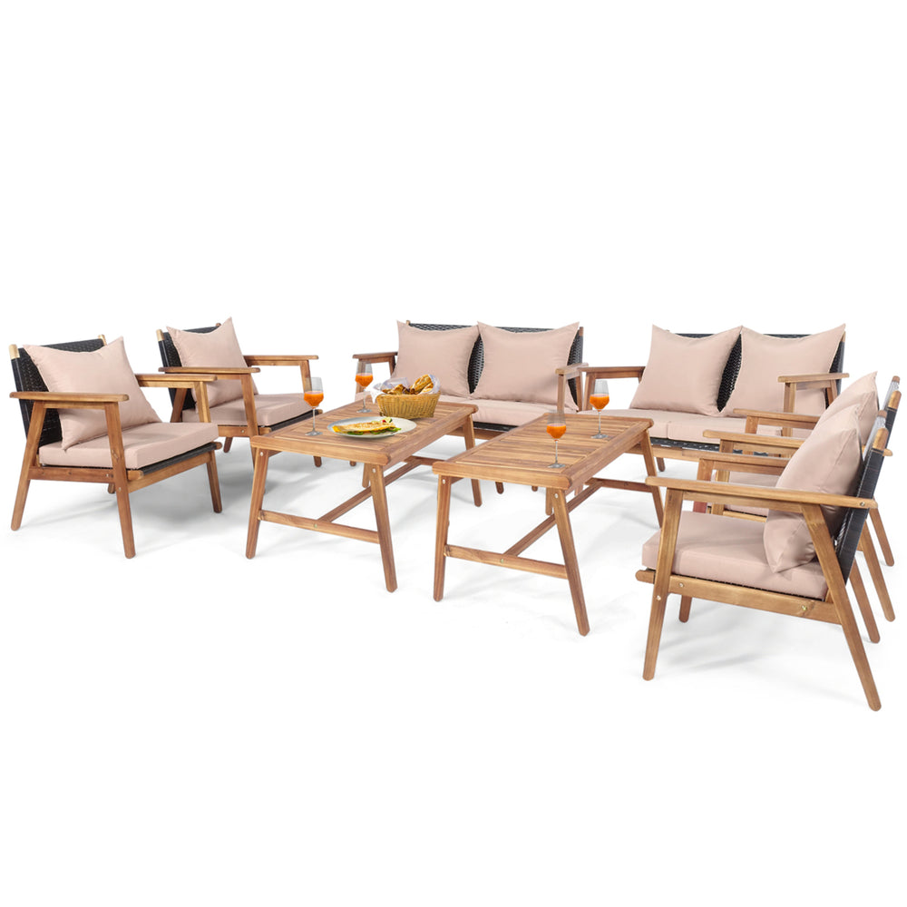 8PCS Outdoor Furniture Set Patio Conversation Set w/ Wood Frame Cushion Image 2