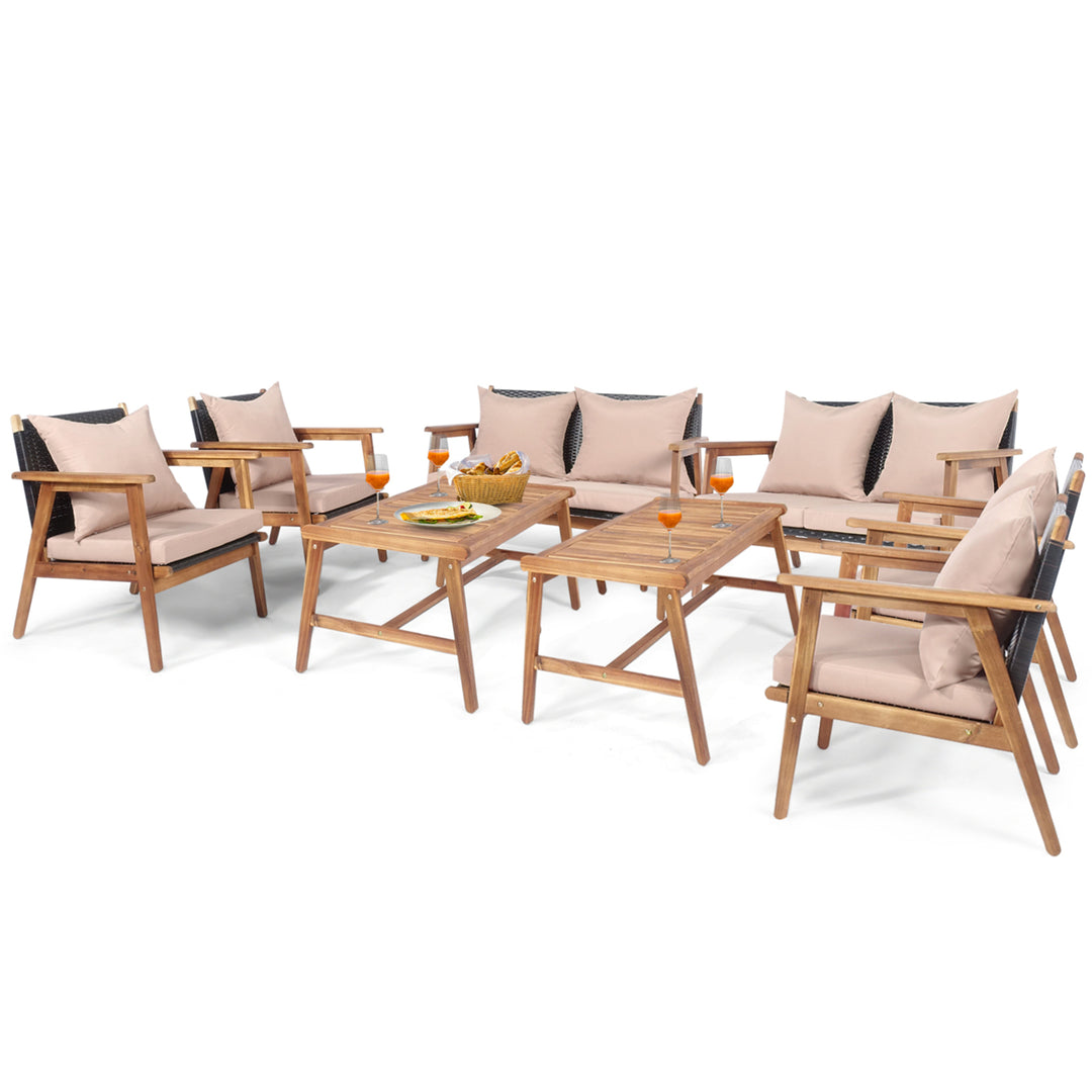 8PCS Outdoor Furniture Set Patio Conversation Set w/ Wood Frame Cushion Image 2