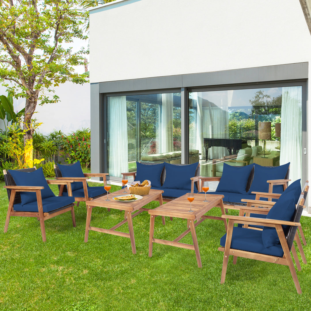 8PCS Patio Conversation Set Wood Frame Furniture Set w/ Navy Cushions Image 1