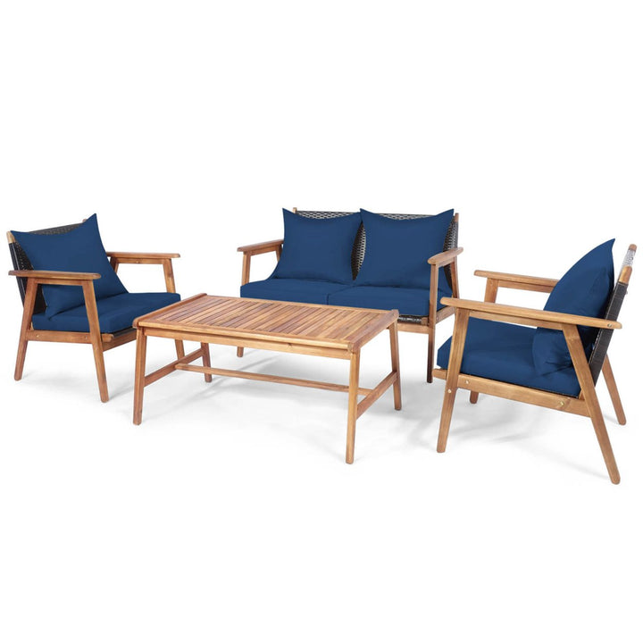 4PCS Patio Conversation Set Wood Frame Furniture Set w/ Navy Cushions Image 9