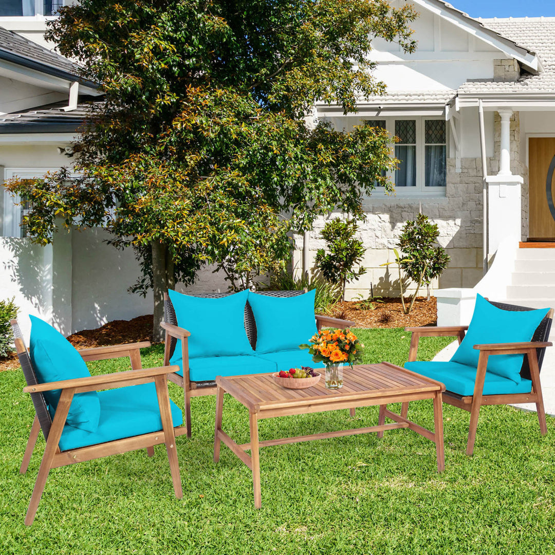 4PCS Patio Conversation Set Wood Frame Furniture Set w/ Turquoise Cushions Image 1