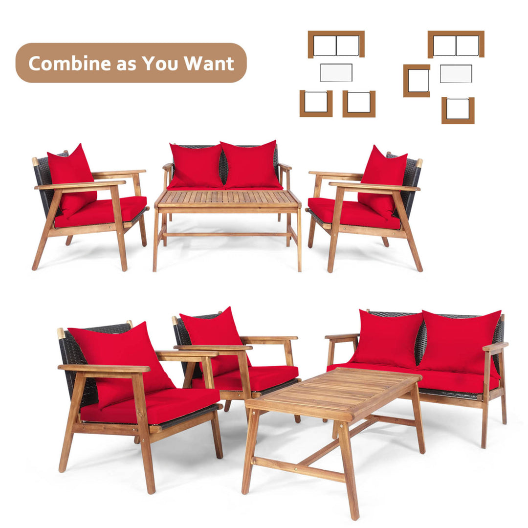 4PCS Patio Conversation Set Wood Frame Furniture Set w/ Red Cushions Image 5