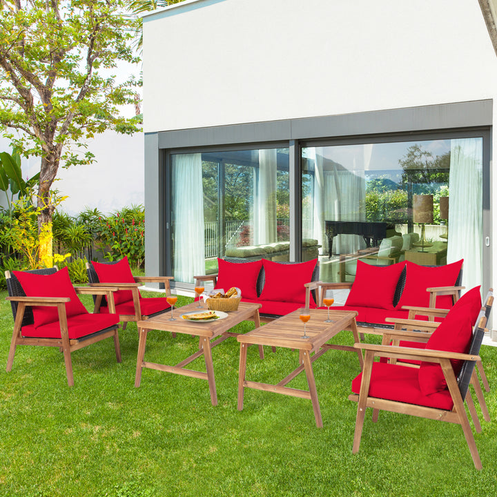 8PCS Patio Conversation Set Wood Frame Furniture Set w/ Red Cushions Image 1