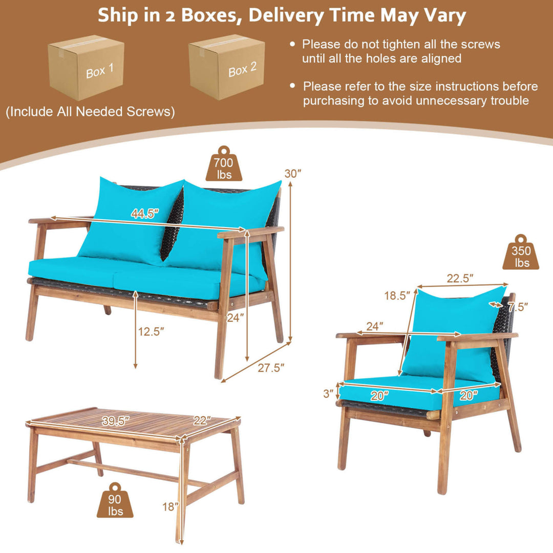 4PCS Patio Conversation Set Wood Frame Furniture Set w/ Turquoise Cushions Image 3