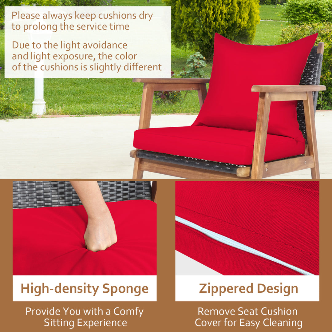 4PCS Patio Conversation Set Wood Frame Furniture Set w/ Red Cushions Image 7