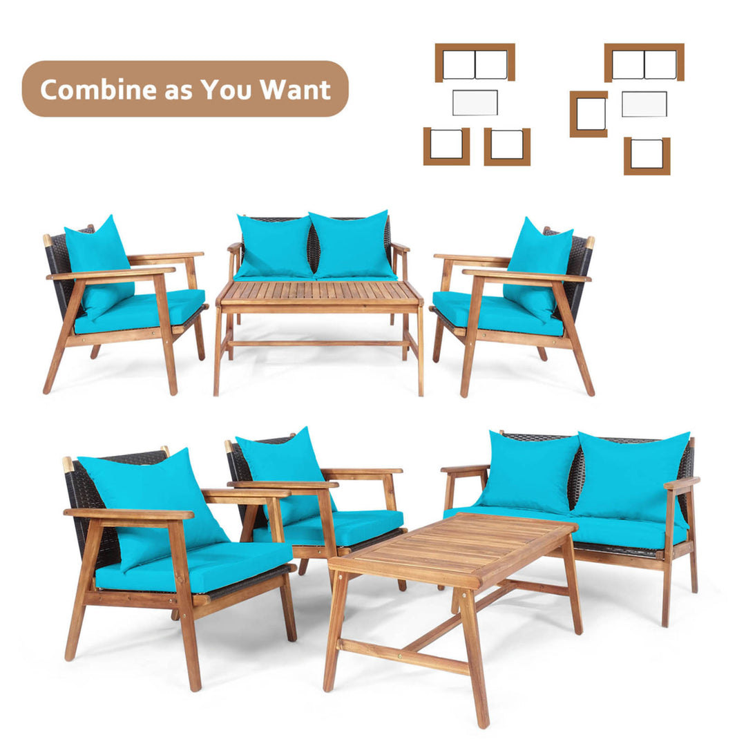 4PCS Patio Conversation Set Wood Frame Furniture Set w/ Turquoise Cushions Image 5