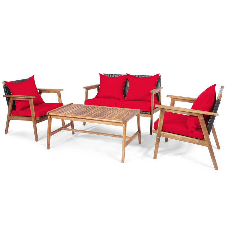 4PCS Patio Conversation Set Wood Frame Furniture Set w/ Red Cushions Image 2