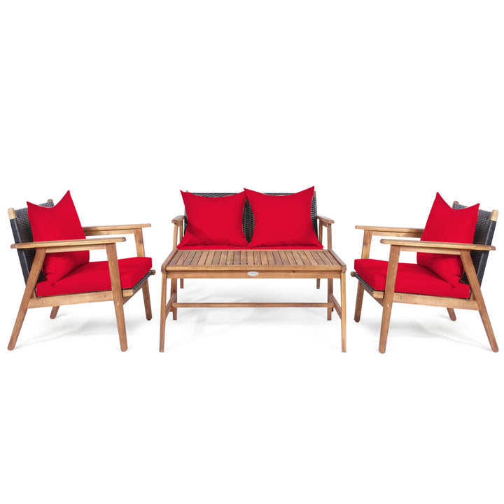 4PCS Patio Conversation Set Wood Frame Furniture Set w/ Red Cushions Image 10