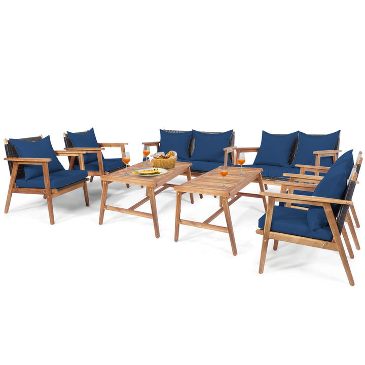 8PCS Patio Conversation Set Wood Frame Furniture Set w/ Navy Cushions Image 2