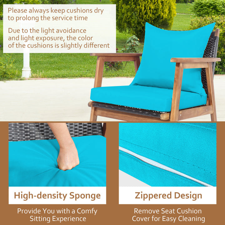 4PCS Patio Conversation Set Wood Frame Furniture Set w/ Turquoise Cushions Image 7