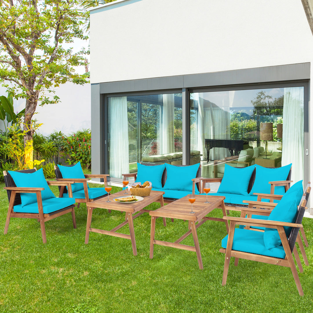 8PCS Patio Conversation Set Wood Frame Furniture Set w/ Turquoise Cushions Image 1