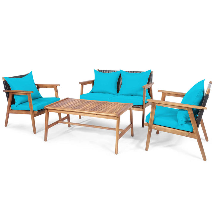 4PCS Patio Conversation Set Wood Frame Furniture Set w/ Turquoise Cushions Image 2