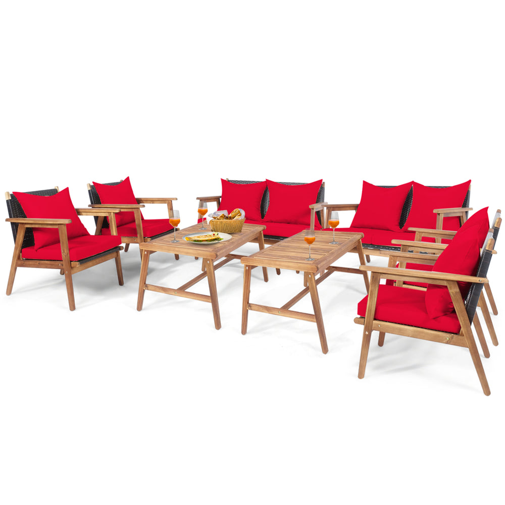 8PCS Patio Conversation Set Wood Frame Furniture Set w/ Red Cushions Image 2