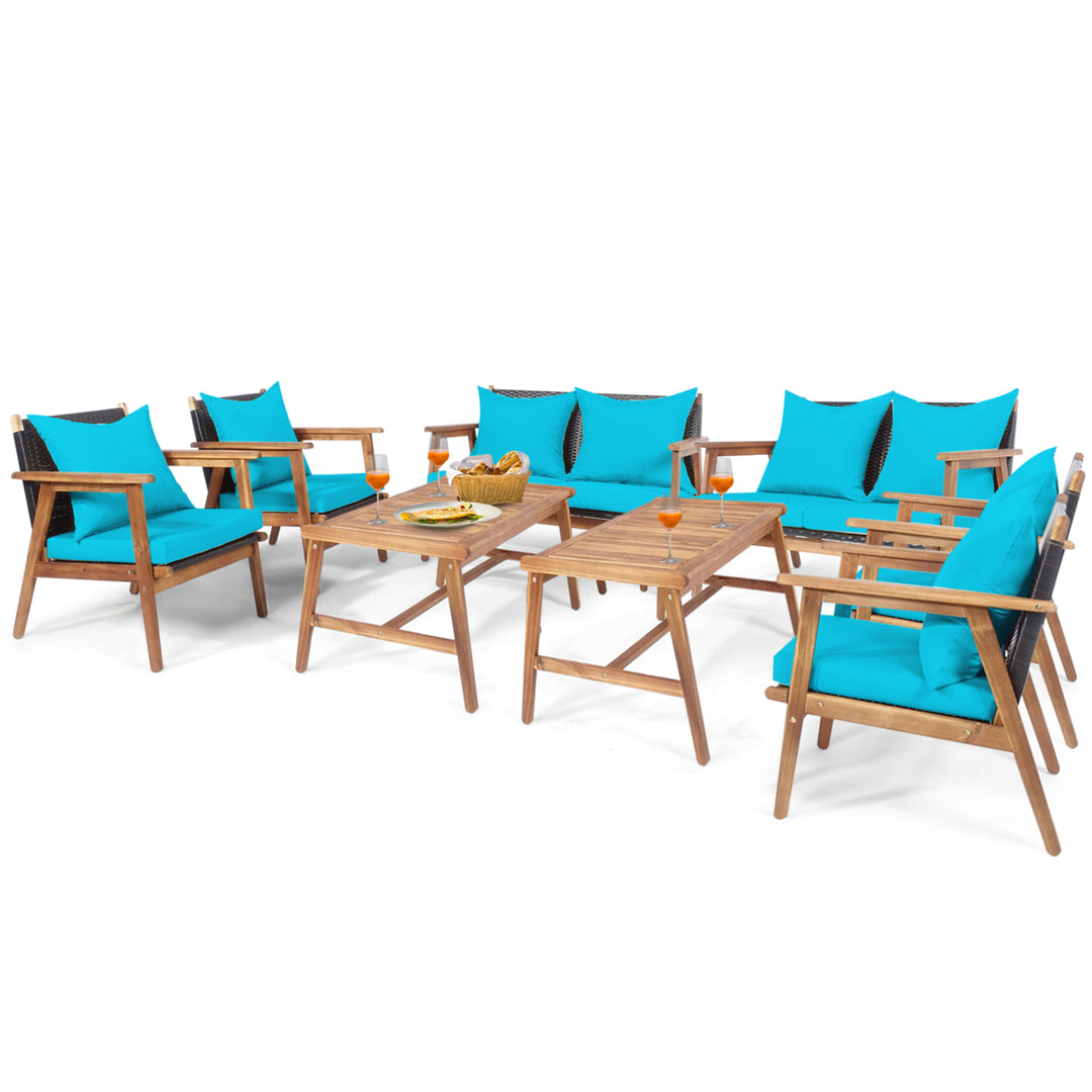 8PCS Patio Conversation Set Wood Frame Furniture Set w/ Turquoise Cushions Image 2