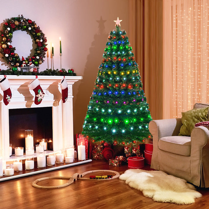 6Ft Pre-lit Optical Fiber Christmas Tree w/ Colorful LED Lights Stand Image 1