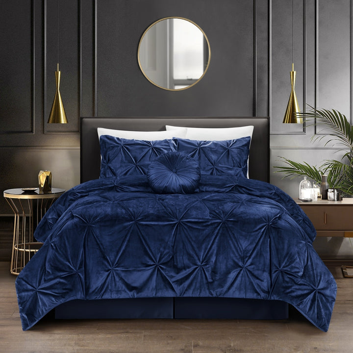 Nilah 5Pc Velvet Comforter Set Pinch Pleated Pintuck King/Queen Elegant Design Image 4