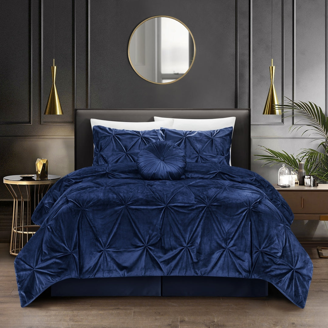 Nilah 5Pc Velvet Comforter Set Pinch Pleated Pintuck King/Queen Elegant Design Image 1