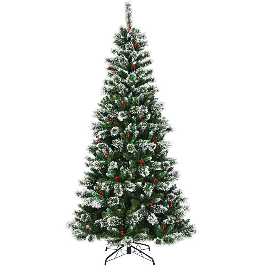 8 ft Snow Flocked Artificial Christmas Hinged Tree w/ Pine Needles and Red Berries Image 1