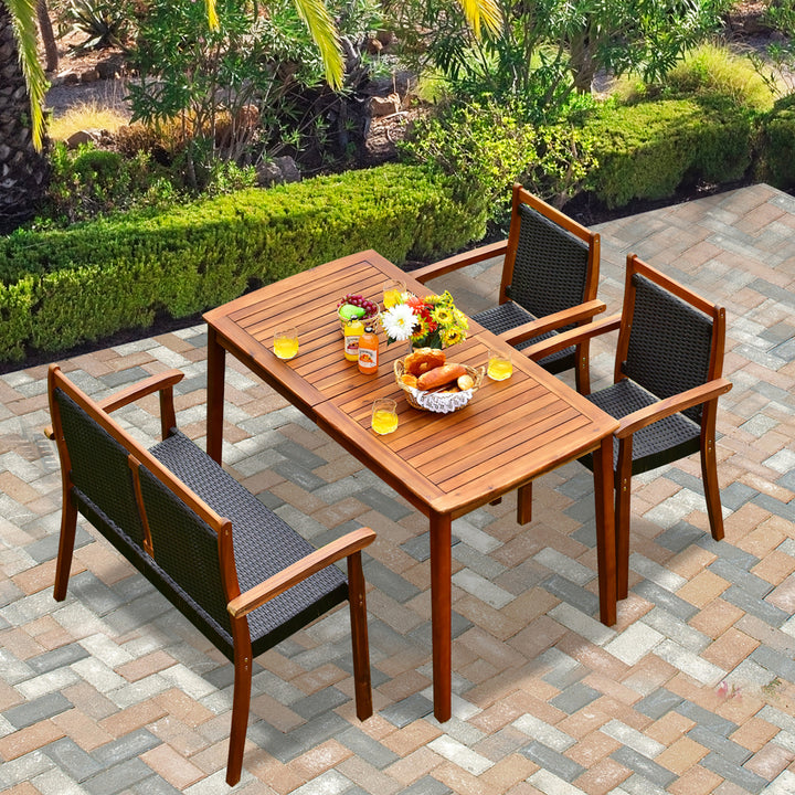 4PCS Patio Dining Set Acacia Wood Rattan Furniture Set w/ Umbrella Hole Image 10