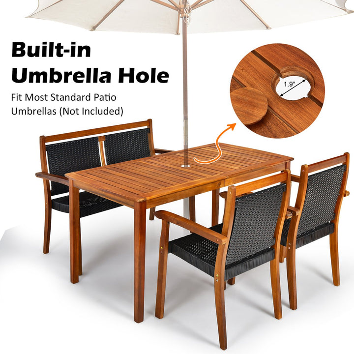 4PCS Patio Dining Set Acacia Wood Rattan Furniture Set w/ Umbrella Hole Image 4