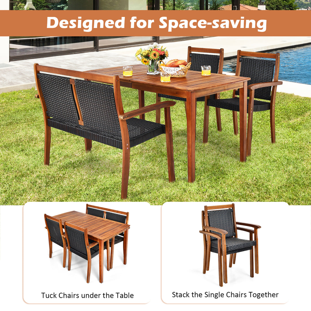 4PCS Patio Dining Set Acacia Wood Rattan Furniture Set w/ Umbrella Hole Image 5