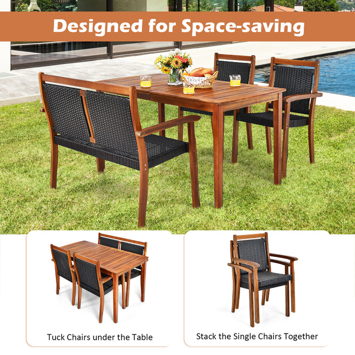 4PCS Patio Dining Set Acacia Wood Rattan Furniture Set w/ Umbrella Hole Image 5