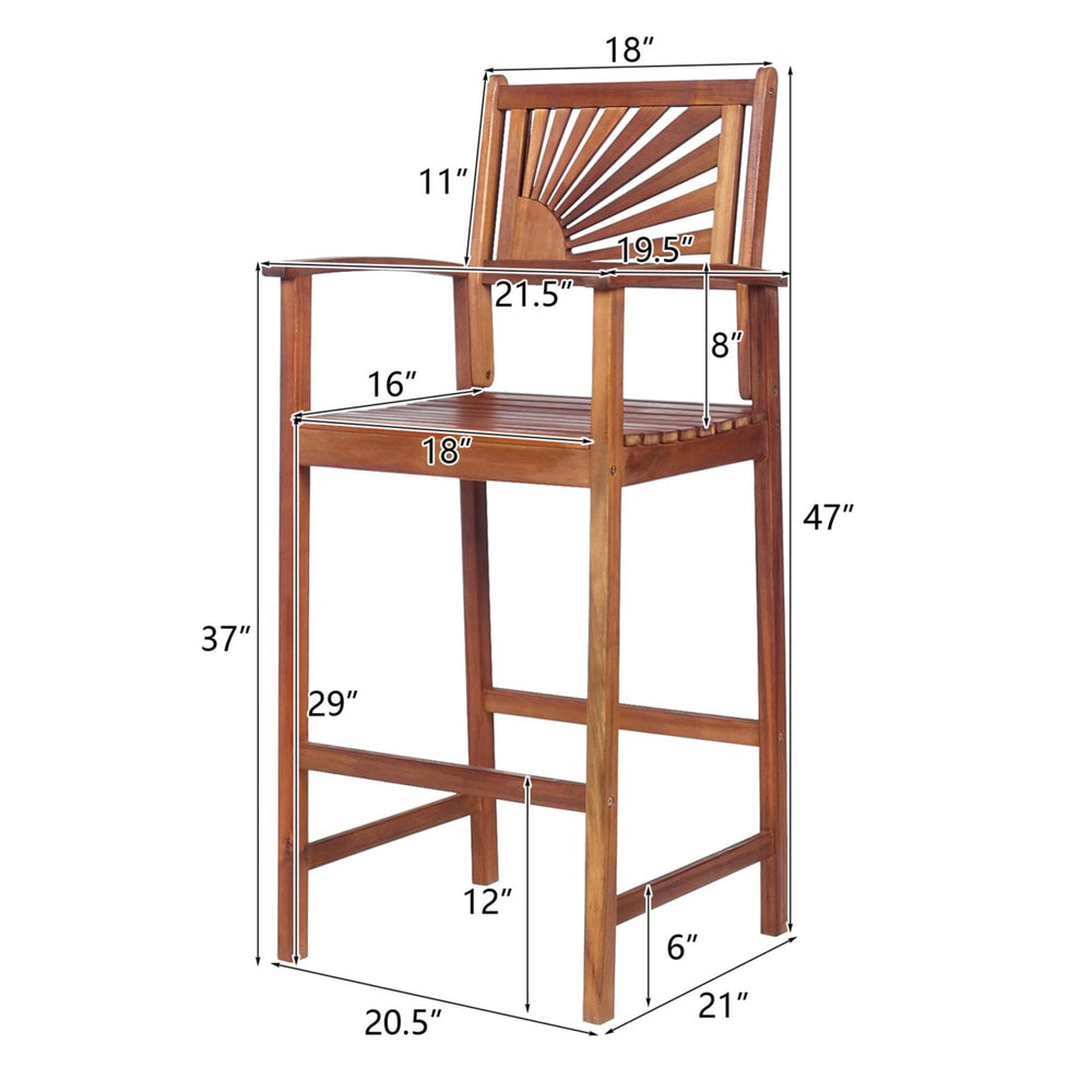 Set of 2 Acacia Wood Barstools 29 Bar Chair w/ Sector Backrest and Slatted Seat Image 2