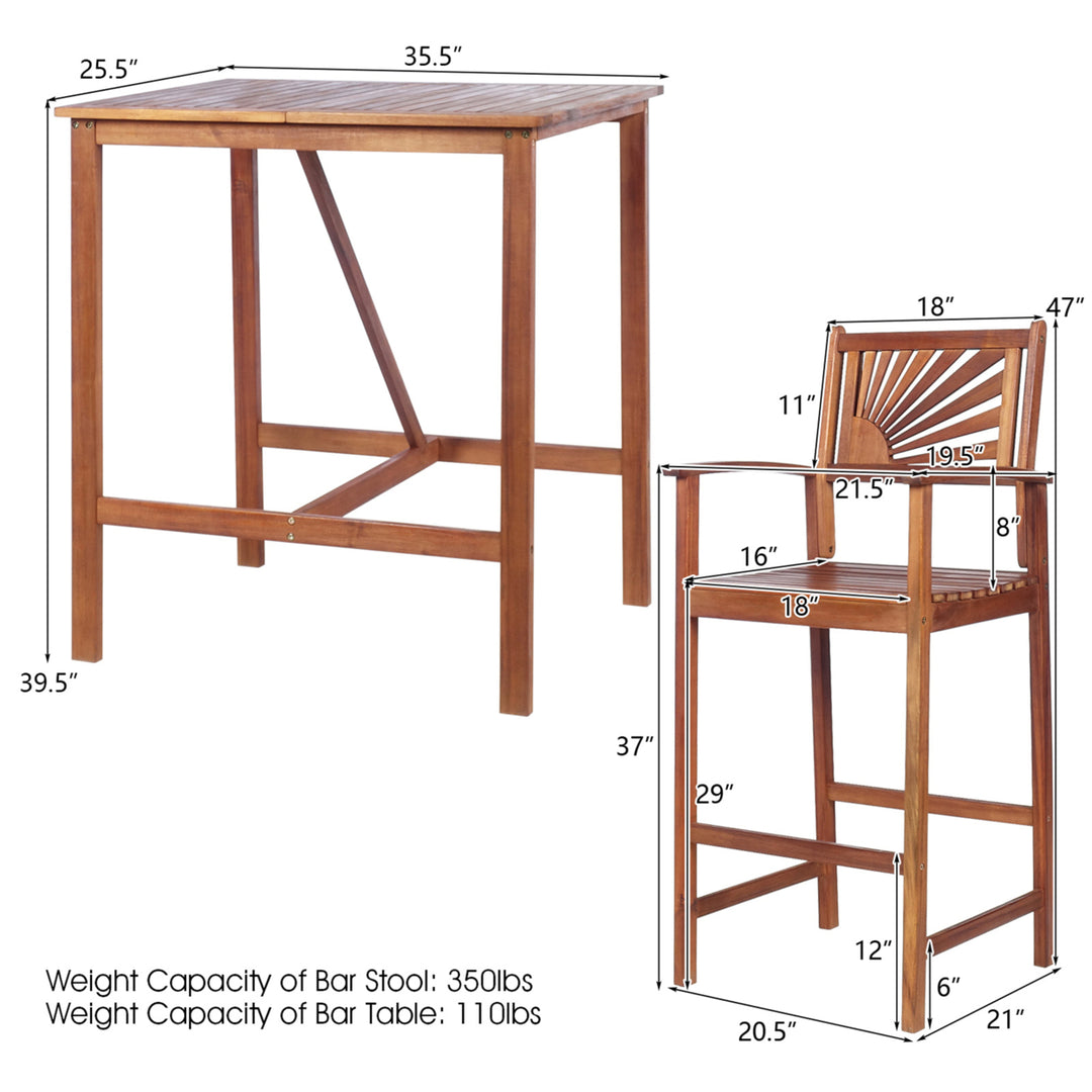 3PCS Patio Acacia Wood Bar Table and Stool Set Outdoor Dining Bistro Set Image 2