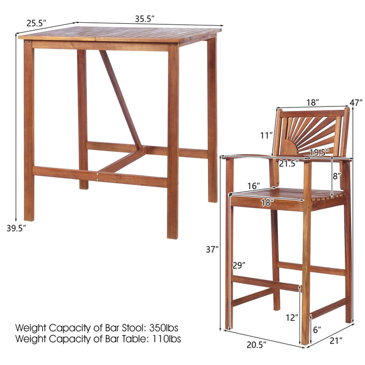 3PCS Patio Acacia Wood Bar Table and Stool Set Outdoor Dining Bistro Set Image 2