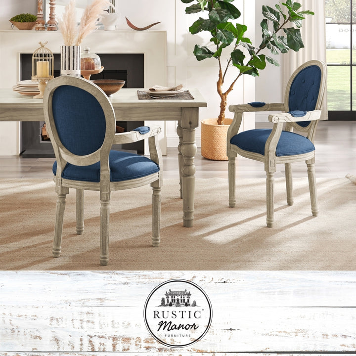 Chanelle Dining Chair - Upholstered  Button Tufted, Oval Back  Antique Brushed Wood Finish Image 1