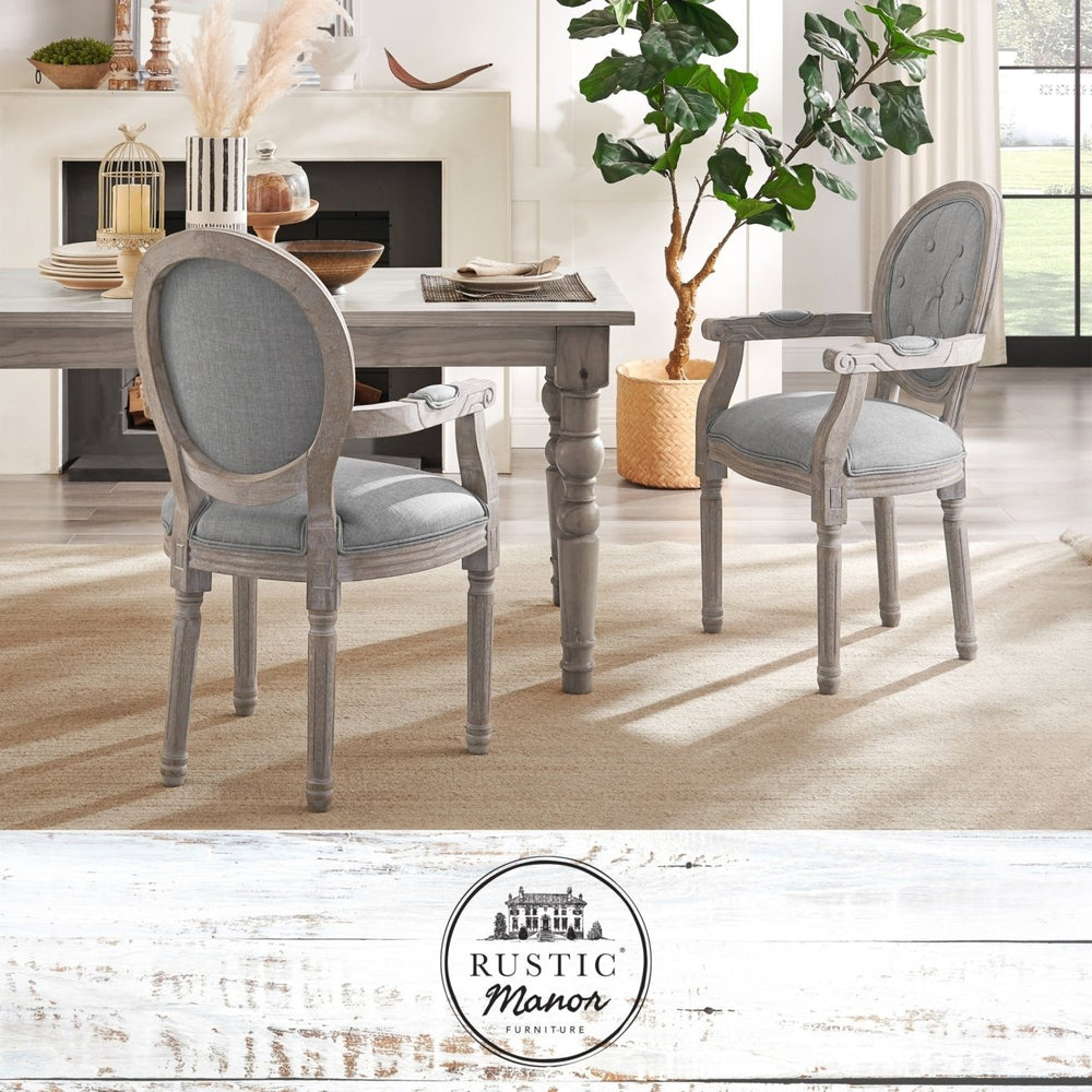 Chanelle Dining Chair - Upholstered  Button Tufted, Oval Back  Antique Brushed Wood Finish Image 2