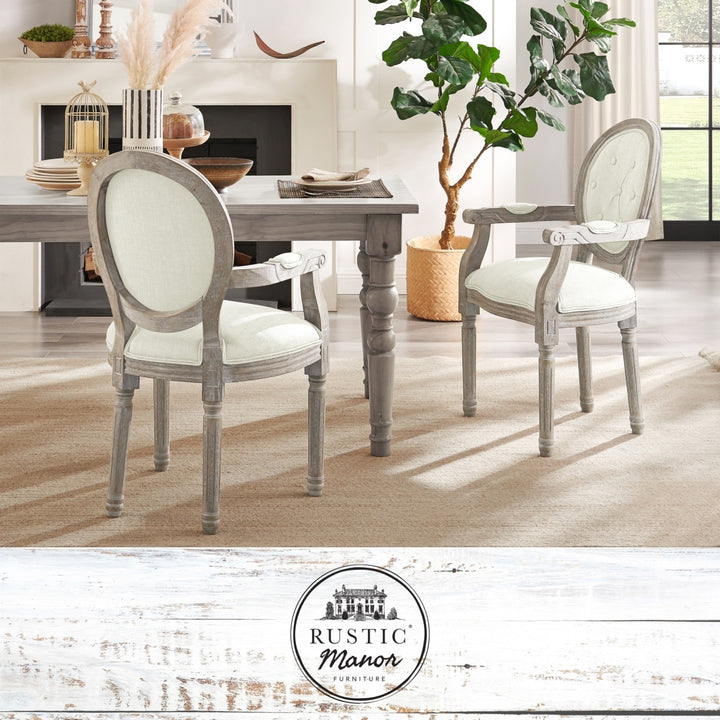 Chanelle Dining Chair - Upholstered  Button Tufted, Oval Back  Antique Brushed Wood Finish Image 3