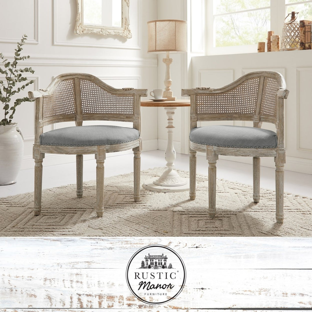 Arius Accent Chair - Upholstered, Nailhead Trim Rattan Imitation, Curved Back Antique Brushed Wood Finish Image 1