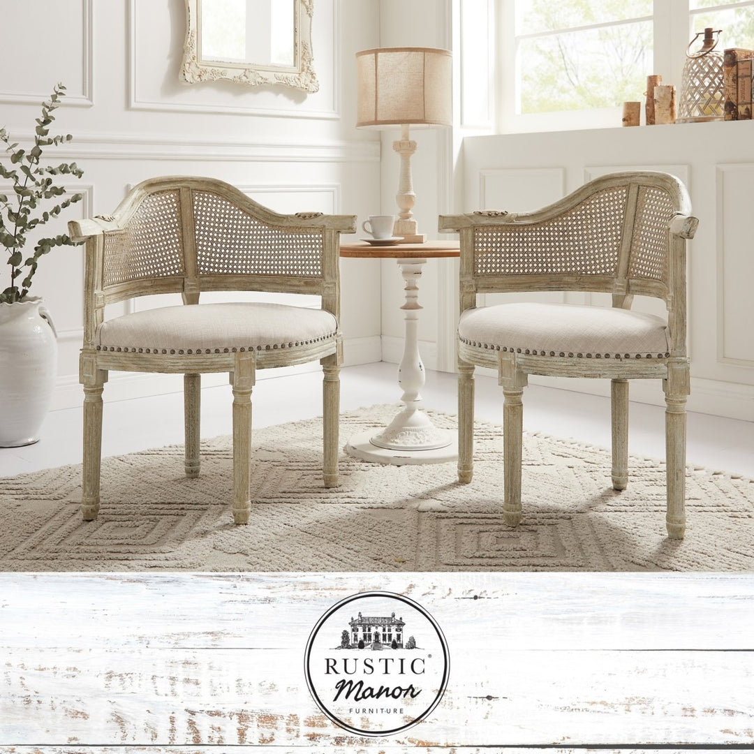 Arius Accent Chair - Upholstered, Nailhead Trim Rattan Imitation, Curved Back Antique Brushed Wood Finish Image 1