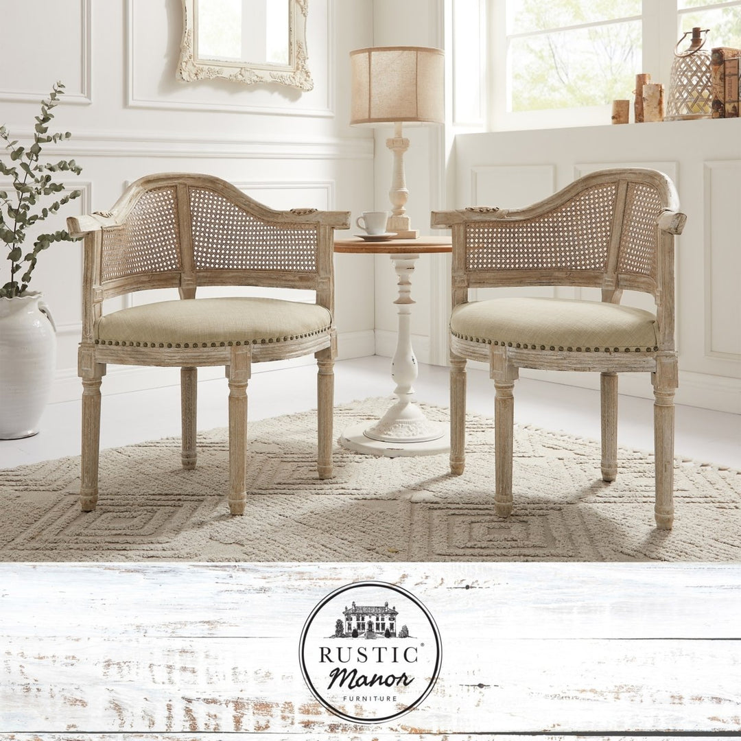 Arius Accent Chair - Upholstered, Nailhead Trim Rattan Imitation, Curved Back Antique Brushed Wood Finish Image 1