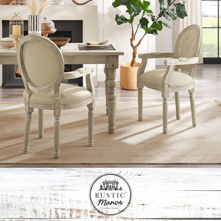 Chanelle Dining Chair - Upholstered  Button Tufted, Oval Back  Antique Brushed Wood Finish Image 4
