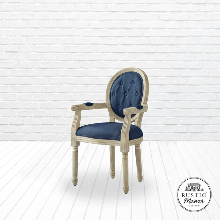 Chanelle Dining Chair - Upholstered  Button Tufted, Oval Back  Antique Brushed Wood Finish Image 7