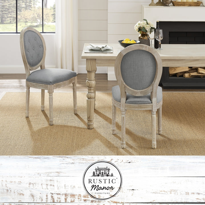 Chanelle Armless Dining Chair Upholstered Linen Button Tufted Antique Wood Finish Image 2