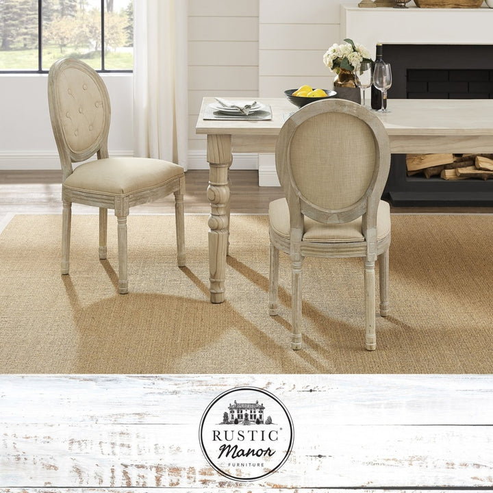 Chanelle Armless Dining Chair Upholstered Linen Button Tufted Antique Wood Finish Image 1