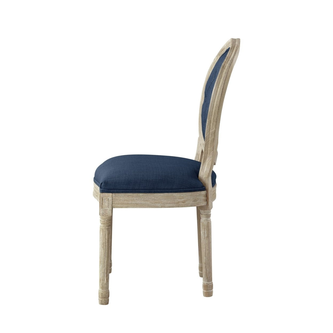 Chanelle Armless Dining Chair Upholstered Linen Button Tufted Antique Wood Finish Image 6