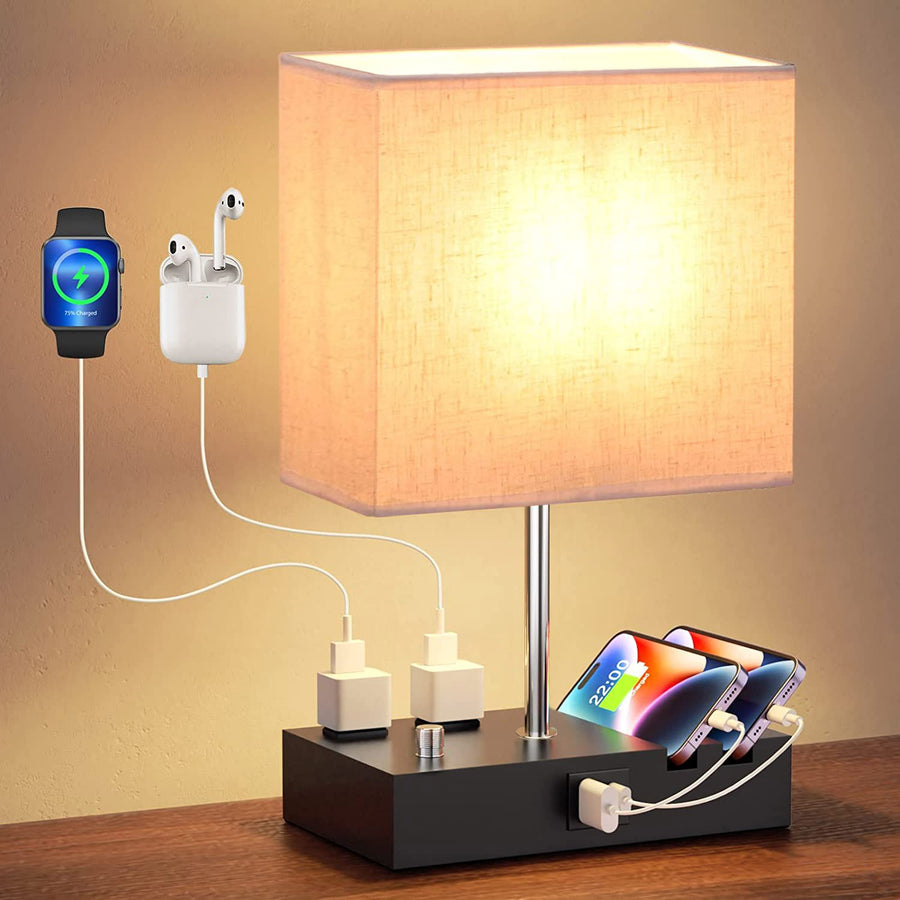 Dimmable Table Lamp Beige Fabric Bedside Lamp with USB Ports and AC Outlets Image 1