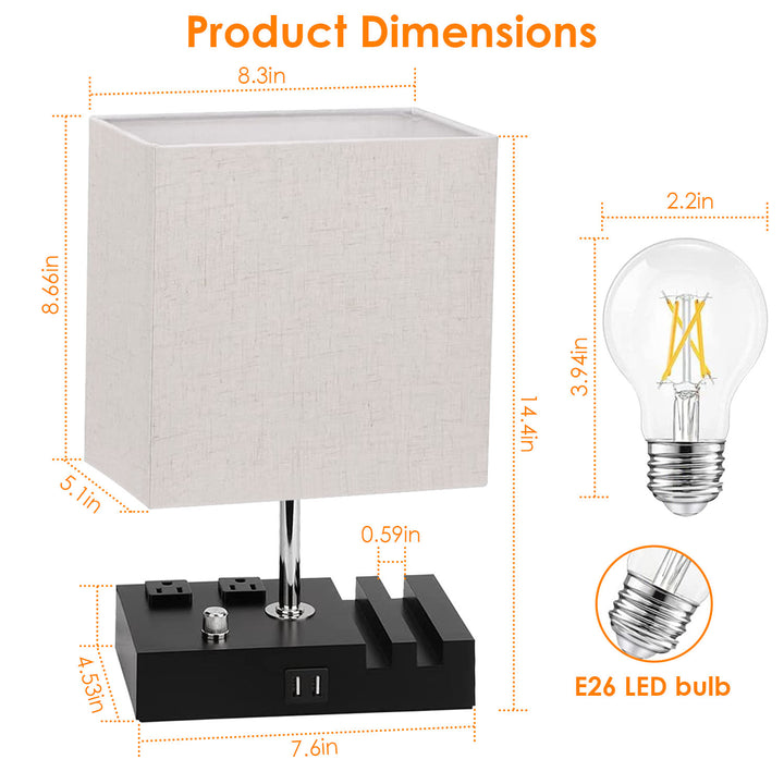 Dimmable Table Lamp Beige Fabric Bedside Lamp with USB Ports and AC Outlets Image 4