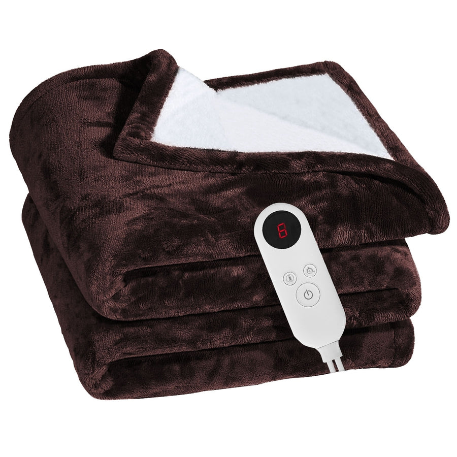 Electric Heated Flannel Throw Blanket Coffee Color 59x50in 6 Heat Settings Image 1