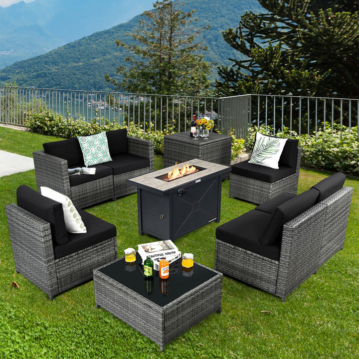 9 PCS Patio Rattan Furniture Set Fire Pit Table Storage Black W/ Cover Image 6