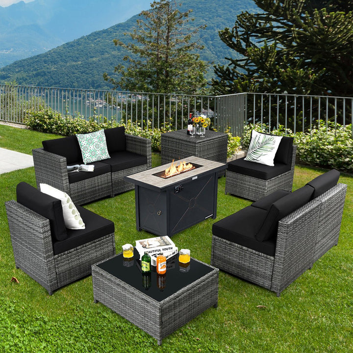 9 PCS Patio Rattan Furniture Set Fire Pit Table Storage Black W/ Cover Image 1