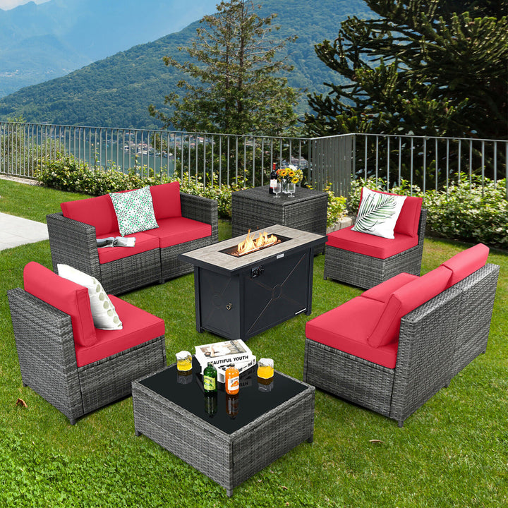 9 PCS Patio Rattan Furniture Set Fire Pit Table Storage Black W/ Cover Image 8